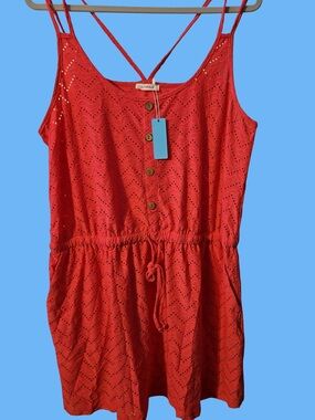 Younique Red Eyelet Button-Front One-Piece Romper with Drawstring